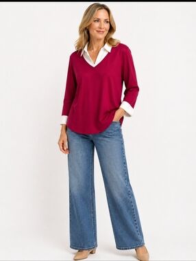 🎉Karen Scott Burgundy Collared Cuffed Classic 2 Layer Top Sz 1X